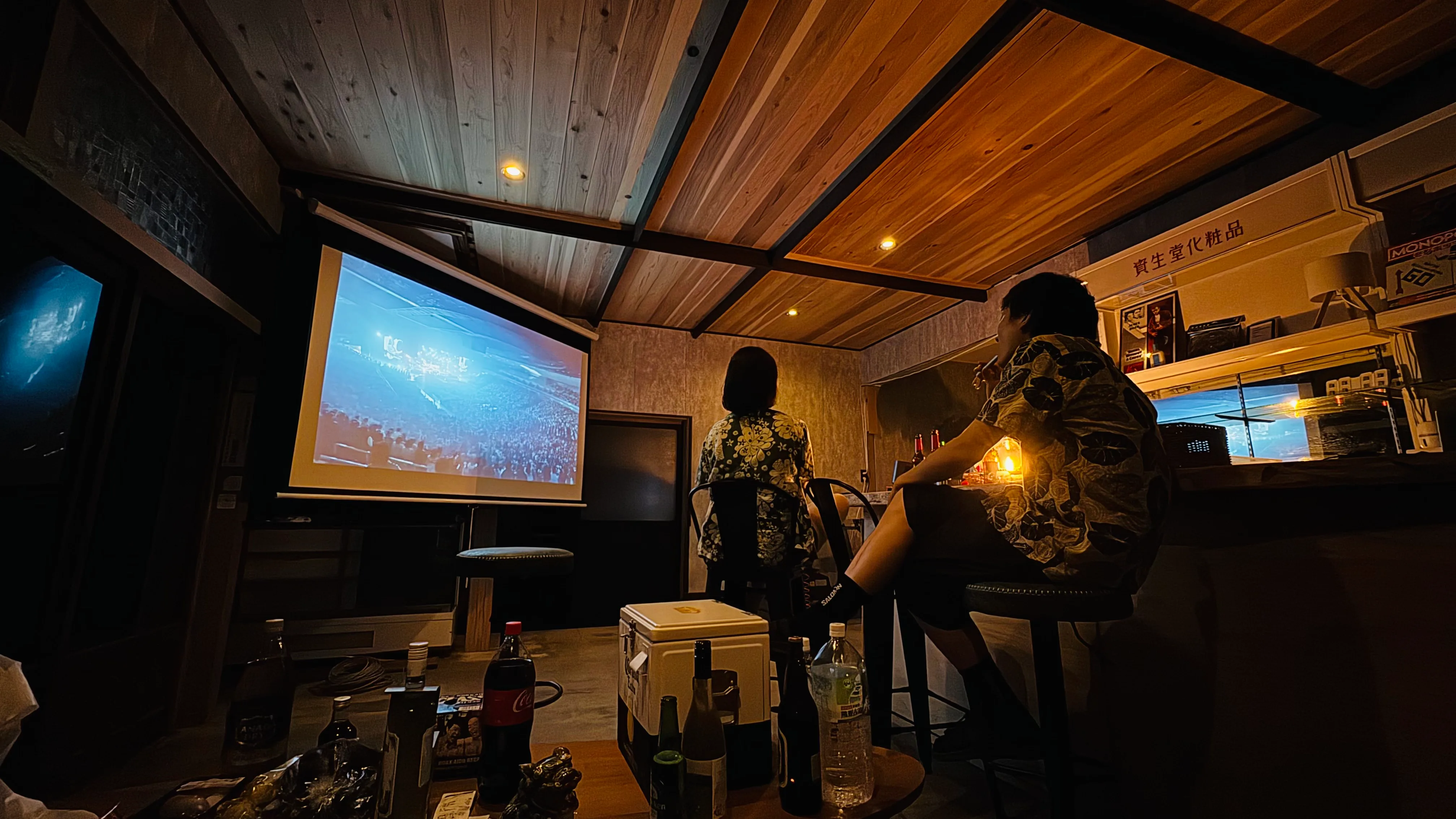 プロジェクター投影で映画を観る夜のアウトドアベース